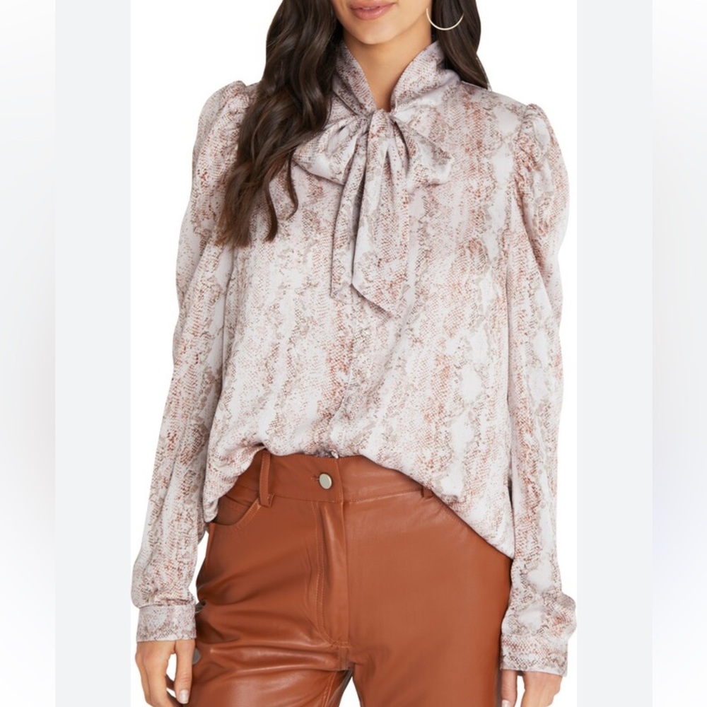 NWT Vici Satin Puff sleeve Blouse Mauve Snake Size M Tie Neck Dusty Pink Brown